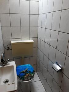 a small bathroom with a toilet and a sink at FEWO Laubwald in Sögel