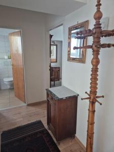 a bathroom with a wooden pole in a room at Villa Nusswald in Krumpendorf am Wörthersee