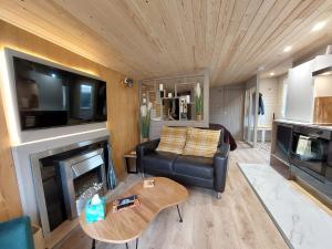 ナントウィッチにある1 Bed Cosy Open Plan Apartmentのソファと暖炉のあるリビングルーム
