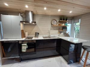 ナントウィッチにある1 Bed Cosy Open Plan Apartmentの大きなキッチン(シンク、カウンター付)