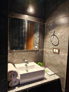 un baño con lavabo y espejo en Shasha, en Manali