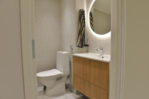 Un baño con inodoro, lavabo y espejo. en Penthouse Kemi, en Kemi 13 fotos más