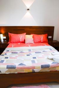 a bedroom with a bed with red pillows at EMY guest HOUSE in Kofa