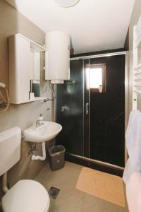 a bathroom with a toilet and a sink and a shower at Apartmani Vesto in Banja Luka +68 photos