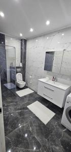 a bathroom with a toilet and a sink and a mirror at Apartman BINGO Bugojno in Bugojno