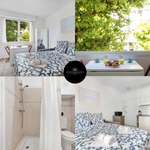 un collage de tres fotos de un dormitorio y un baño en LE GLORIA - Hyper Centre - Proche Mer - Wifi, en Menton