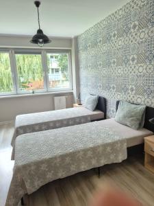 a bedroom with two beds and a couch and windows at JDK Apartamenty Serbinowska 53m2 6-osobowy in Kalisz