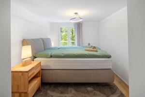 une chambre avec un lit et une fenêtre dans l'établissement Modernes Apartment mit Balkon und Parkplatz, Nähe See, à Saint-Gall