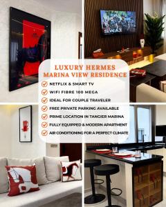 a collage of pictures of a living room with a tv at Luxury Hermes Apartement Marina View-Mall-Parking in Tangier
