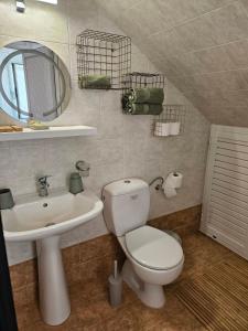 Un baño con inodoro, lavabo y espejo. en Theasis Serenity Residence, 