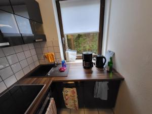 Una encimera de cocina con un fregadero y una ventana. en Light & Loft Apartment, en Ratingen