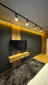 a bedroom with a large television and a bed at Hostel Olevsk in Olevsk