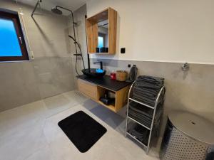 La salle de bains est pourvue d'un lavabo et d'un comptoir avec un miroir. dans l'établissement Ermstalsuite nähe Metzingen Outlet, à Dettingen an der Erms 10 autres photos