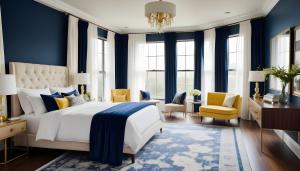 Un dormitorio con una cama blanca y paredes azules. en The Hotel Fairmount Plaza Near IGI Airport, en Nueva Delhi