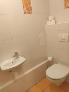 a white bathroom with a toilet and a sink at Serenity Lipno in Lipno nad Vltavou +4 photos