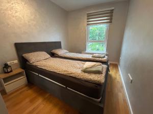 ゼニツァにあるCENTRAL POINT APARTMENT - City centar Zenica-の窓のある小さな部屋にベッドが2つある