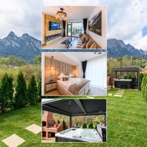 a collage of pictures of a bedroom and a house at Ama Garden Spa Apartment Busteni in Buşteni
