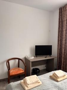a room with two beds and a desk with a television at Lili's in Anina