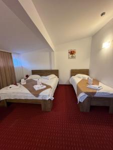 a hotel room with two beds and a red carpet at Cabana Fulg De Nea Predeal in Predeal