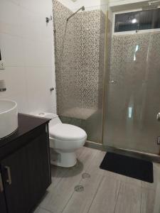 une salle de bain avec toilettes et douche en verre dans l'établissement Ocean view two bedroom, 