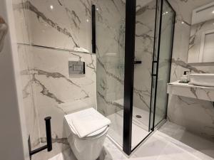 フエンヒロラにあるHotel Blanca Marisのシャワー、トイレ、洗面台を備えたバスルーム