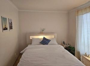 ein Schlafzimmer mit einem weißen Bett und einem blauen Kissen in der Unterkunft Soul of Seoul - Cozy 3 room stay, 3min from SNU Station in Seoul