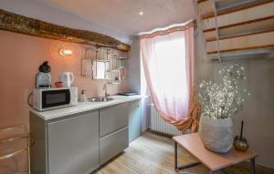 a kitchen with a microwave and a table and a window at Purgatorio in Pieve di Teco