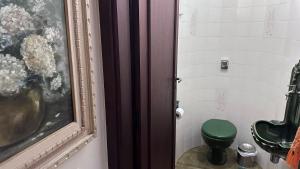 a bathroom with a green toilet in a room at Recanto Amana – Casa Completa no Centro de SJBV in São João da Boa Vista