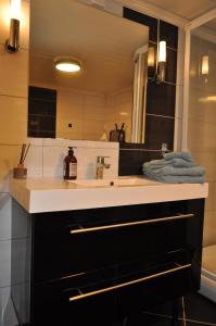 a bathroom with a sink and a mirror at FREDNES COSY RETREAT - One Bedroom Apartment in Porsgrunn +19 photos