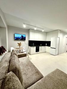 a living room with a couch and a tv at City Apartments in Ivano-Frankivsʼk +2 photos