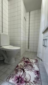 baño con aseo y alfombra en el suelo en Viihtyisä kaksio keskustassa, en Kokkola