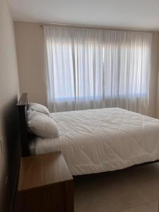 a bedroom with a bed and a window with white curtains at departamento Vacacional, frente al mar in Playas +11 photos