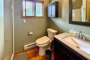 un bagno con un water, un lavandino e uno specchio di The Nest on Guemes ad Anacortes Altre 17 foto