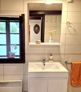 Un baño con lavabo, espejo y ventana. en Atelje Mlin Umetnin Retreat, en Šentjur