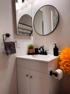 un baño con lavabo y espejo en Beautifully Renovated OneBedroom Apt with Two Beds, en Littleton 38 fotos más