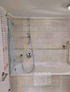 un bagno con vasca da bagno e doccia di Gabriela apartment in frankfurt a Bad Vilbel