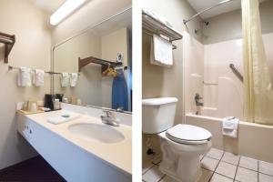 two pictures of a bathroom with a toilet and a sink at Deerfield Inn By Capital O Blytheville AR I55 in Blytheville