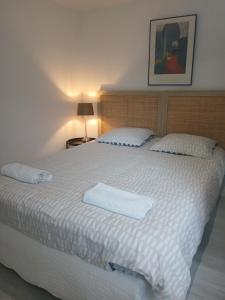 une chambre avec un grand lit blanc avec deux oreillers dans l'établissement Studio calme petite vue lac, à Saint-Jorioz