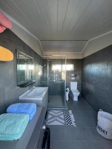 a bathroom with a sink and a shower and a toilet at Rooftop d'exception - calme et confort à Grand Baie in Grand Baie
