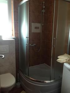 a bathroom with a shower with a toilet and a sink at Guest House Navetta 2 in Fažana