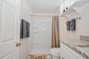 a white bathroom with a shower and a toilet at Park Place Unit 122 in Cedar Key