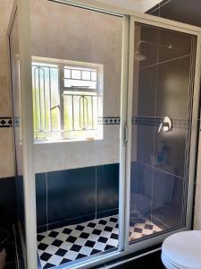 Un baño con ducha, inodoro y ventana. en One bedroom Retreat in New Chadcombe - 2319, en Highlands