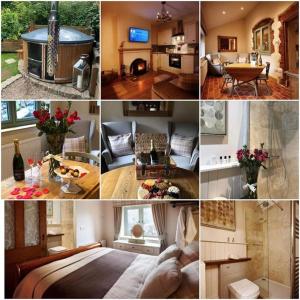 un collage di immagini di un soggiorno e di una cucina di Rita's Luxury Retreat with Swedish Hot tub and Wood Fuelled Pizza Oven a Shrewsbury