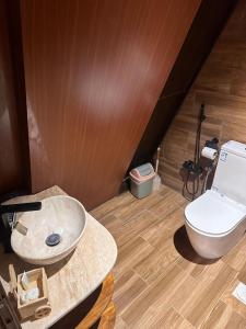 un baño con inodoro y lavabo en كوخ الضباب للنزل الريفية, en Musaylah