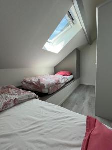 Montigny-en-MorvanにあるFrêneの屋根裏のベッドルーム(ベッド2台、天窓付)