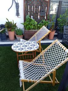 佩皮尼昂STUDIO Perpignan的种植了植物的门廊上摆放着两把椅子和一张桌子