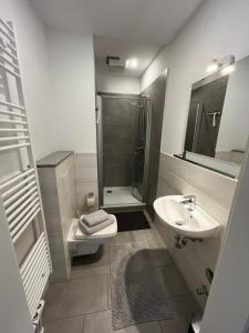 Un baño con ducha, inodoro y lavabo. en Ferienwohnung in Kaunitz bei Wessels, en Verl