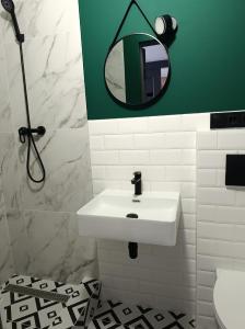 une salle de bains avec un lavabo blanc et un miroir dans l'établissement Zefir Horynia, à Lviv