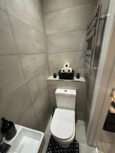 a small bathroom with a toilet and a sink at Sunny Stay Studio in Grove Park