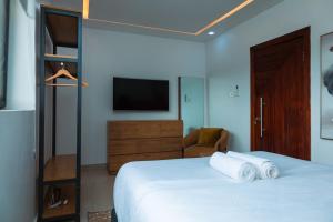 a hotel room with a bed and a television at Bigchillstruth Apt in Accra